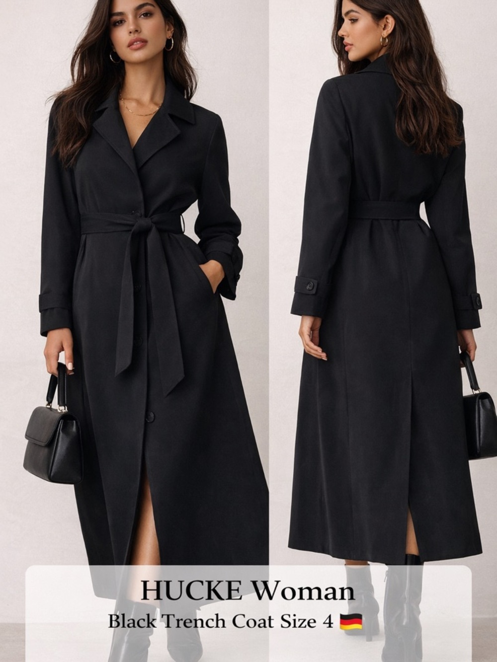 HUCKE Woman Black Trench Coat Belted Long Coat | Minimal Classic | Size 4